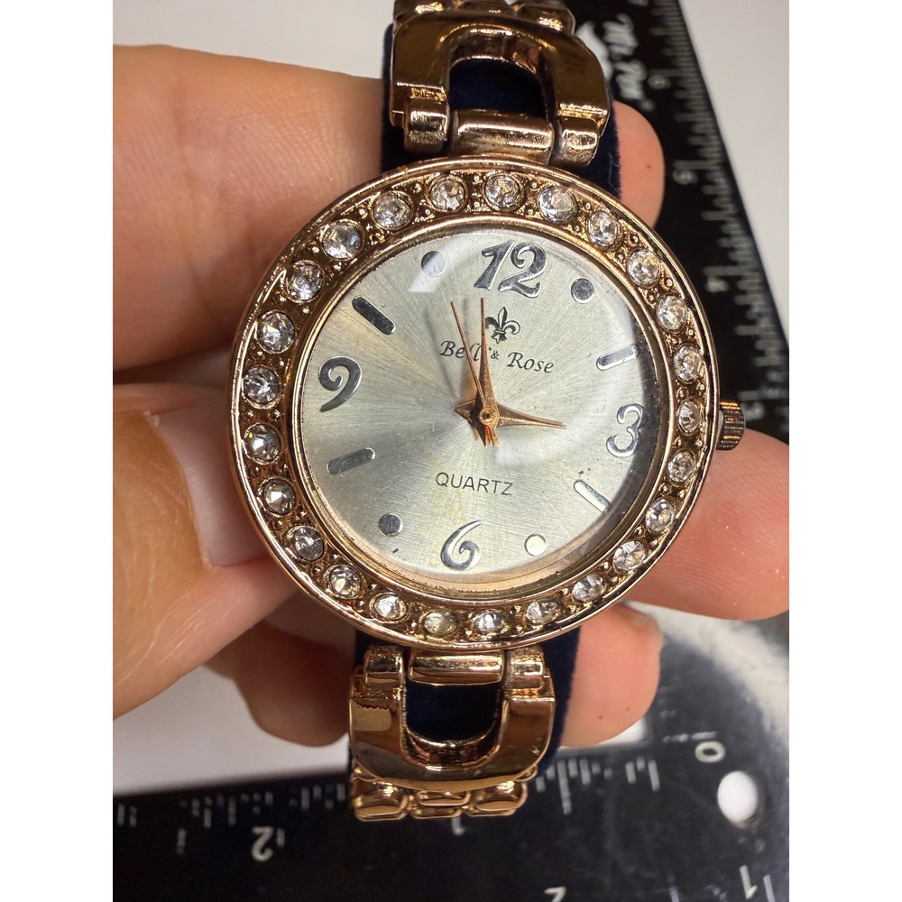 Belle & Rose Gold Tone Rhinestone Bezel Quartz Watch Fleur-de-Lis Dial